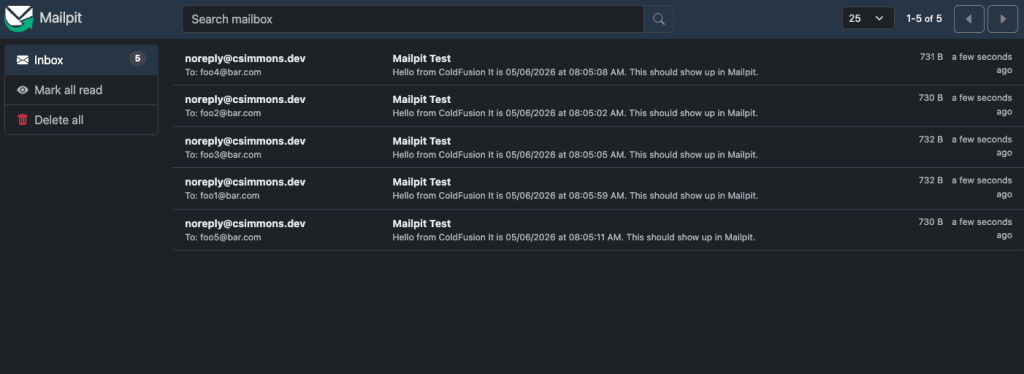 Mailpit inbox